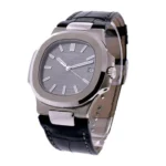 patek-philippe-nautilus-steel-blak-dial-leather-replica-watch